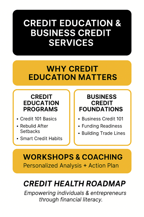 Sanders Management vertical infographic showing Credit Education and Business Credit Services, Why Credit Education Matters, Credit Education Programs, Business Credit Foundations, Workshops & Coaching, and Credit Health Roadmap.